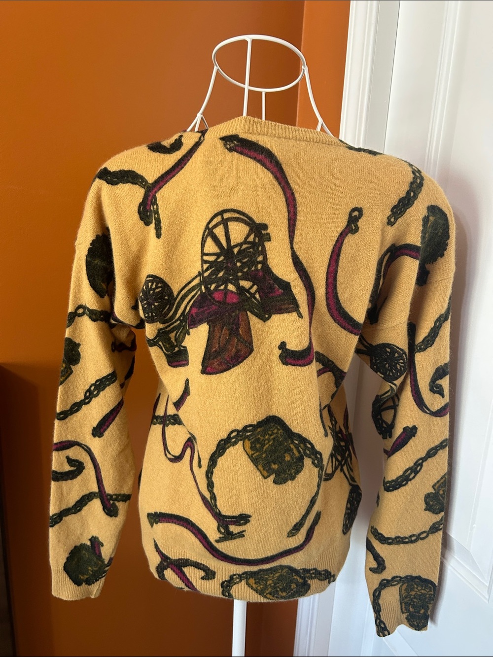 Vintage 90s Mustard Western Equestrian Print Sweater Shoulder Pads Estimated M/L - Picture 3 of 11